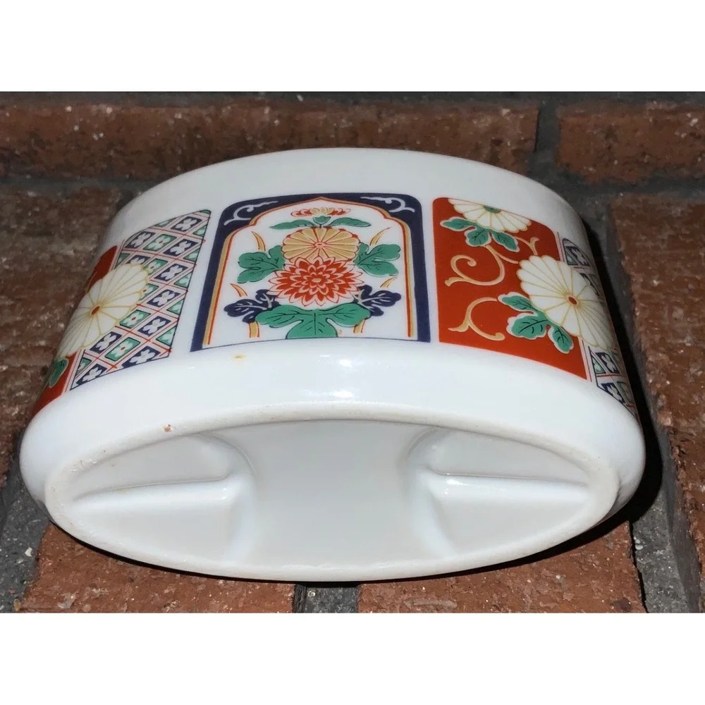Vintage Imari Porcelain Toothbrush Holder Floral Gold Trim Oval Ceramic Vanity
